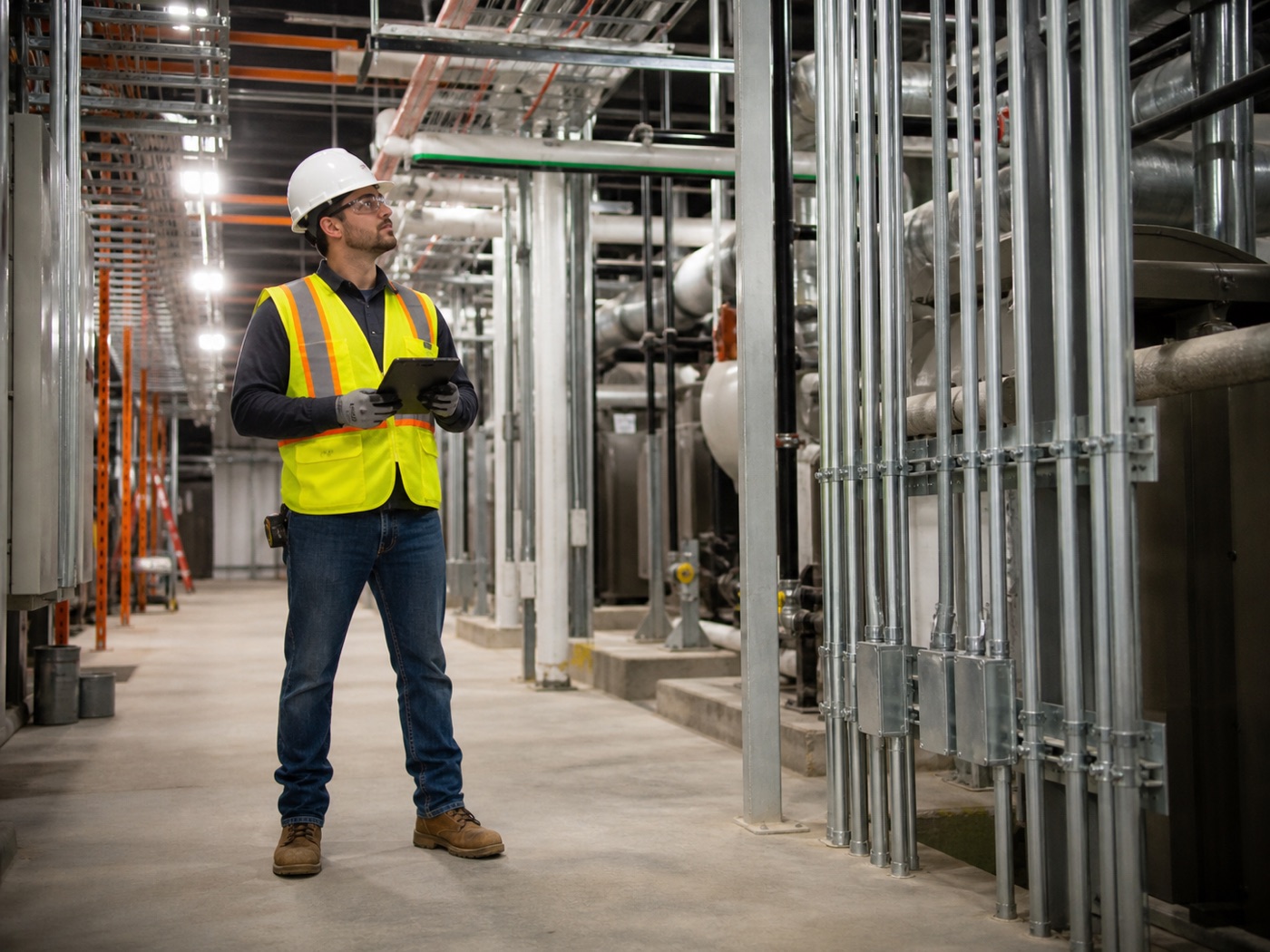 Data center mechanical and electrical tradesperson inspecting conduit and piping