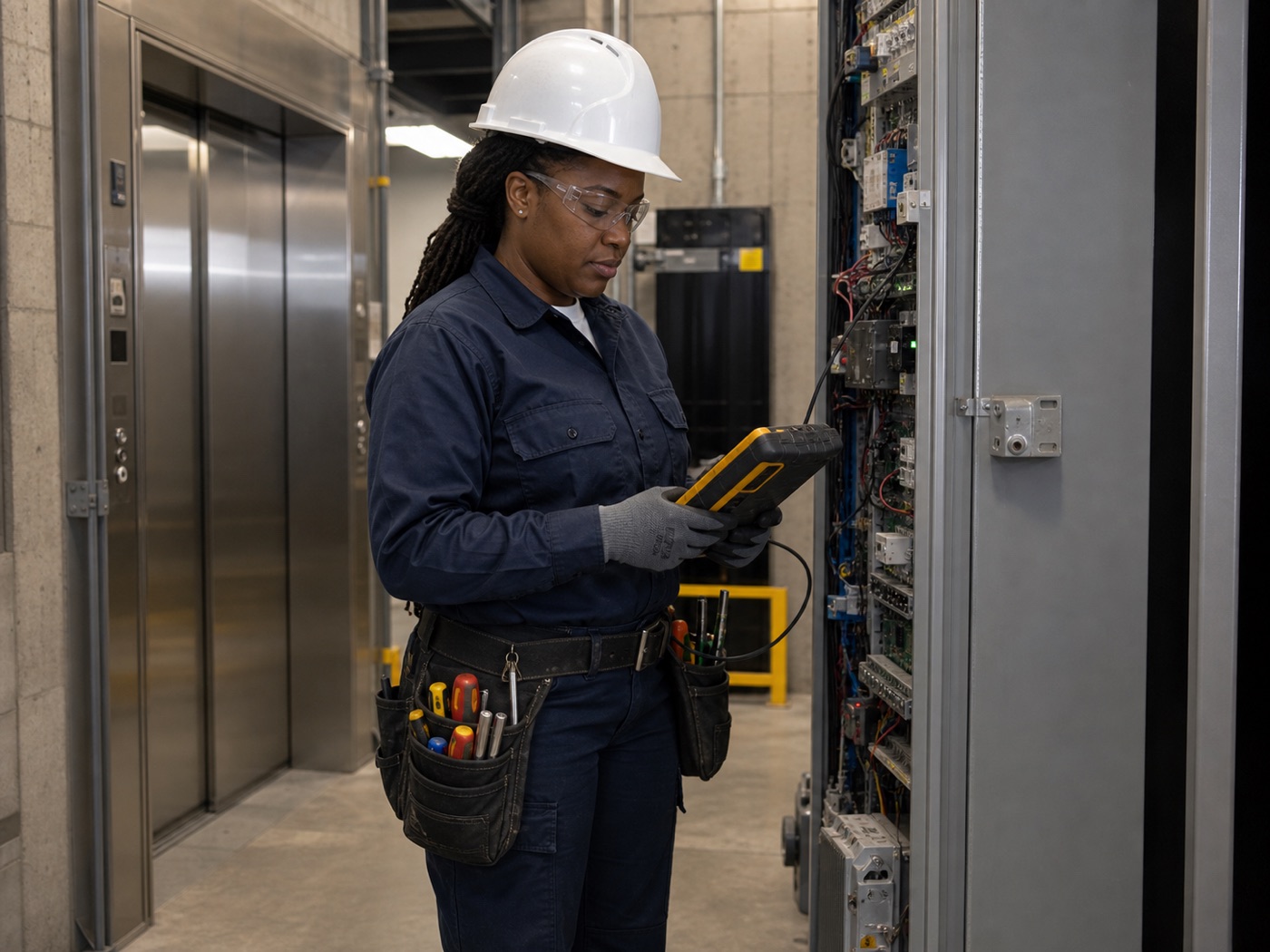 Elevator technician checking a service cabinet in a commercial building