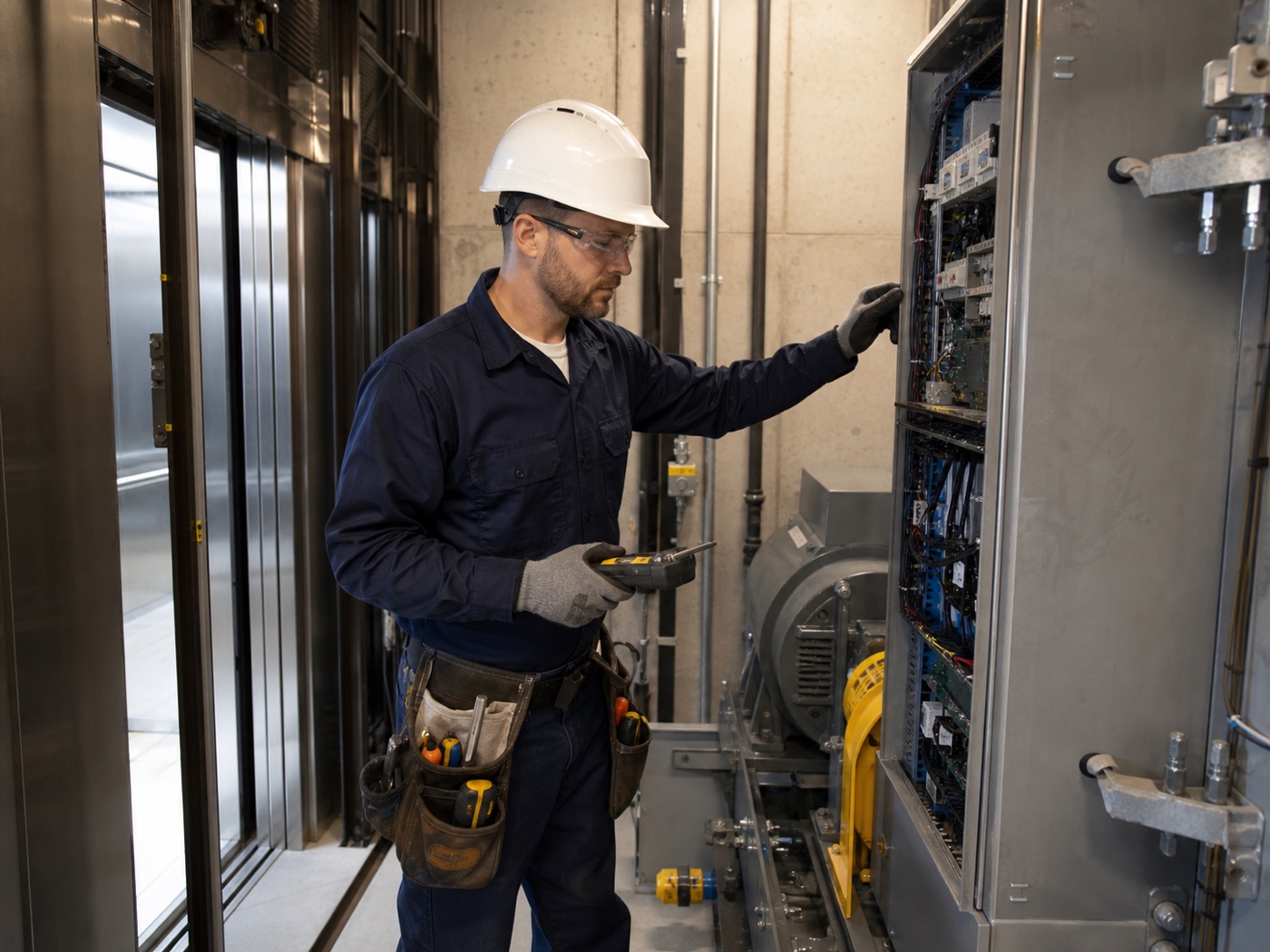 Elevator technician checking a service cabinet in a commercial building