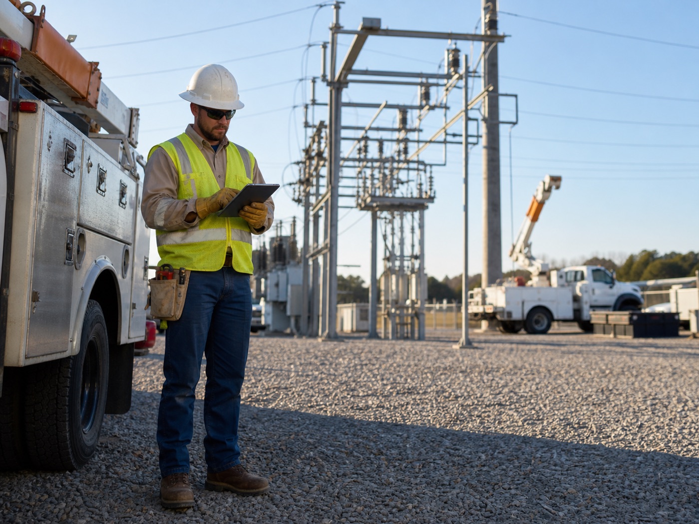 Grid lineworker reviewing plans beside utility equipment in a substation